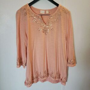 Chico's Sequined Tunic Top Women M Peach Elevated Basic Cruise Resort Boho Arsty